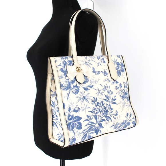 GUCCI Herbarium Ivory Blue Floral Butterfly Canvas Leather Large Tote Handbag - Picture 2 of 10